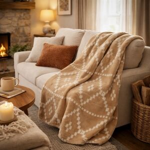FRYE Silky Soft Throw Blanket 50x70 Beige & Tan Southwestern Diamond Pattern